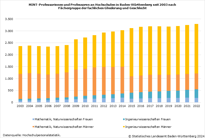 Schaubild 3: MINT-Professorinnen und Professoren an Hochschulen in Baden-Württemberg seit 2003 nach Fächergruppe der fachlichen Gliederung und Geschlecht