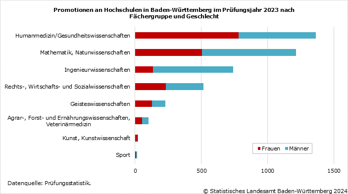 Schaubild 1: Promotionen an Hochschulen in Baden-Württemberg im Prüfungsjahr 2023 nach Fächergruppe und Geschlecht